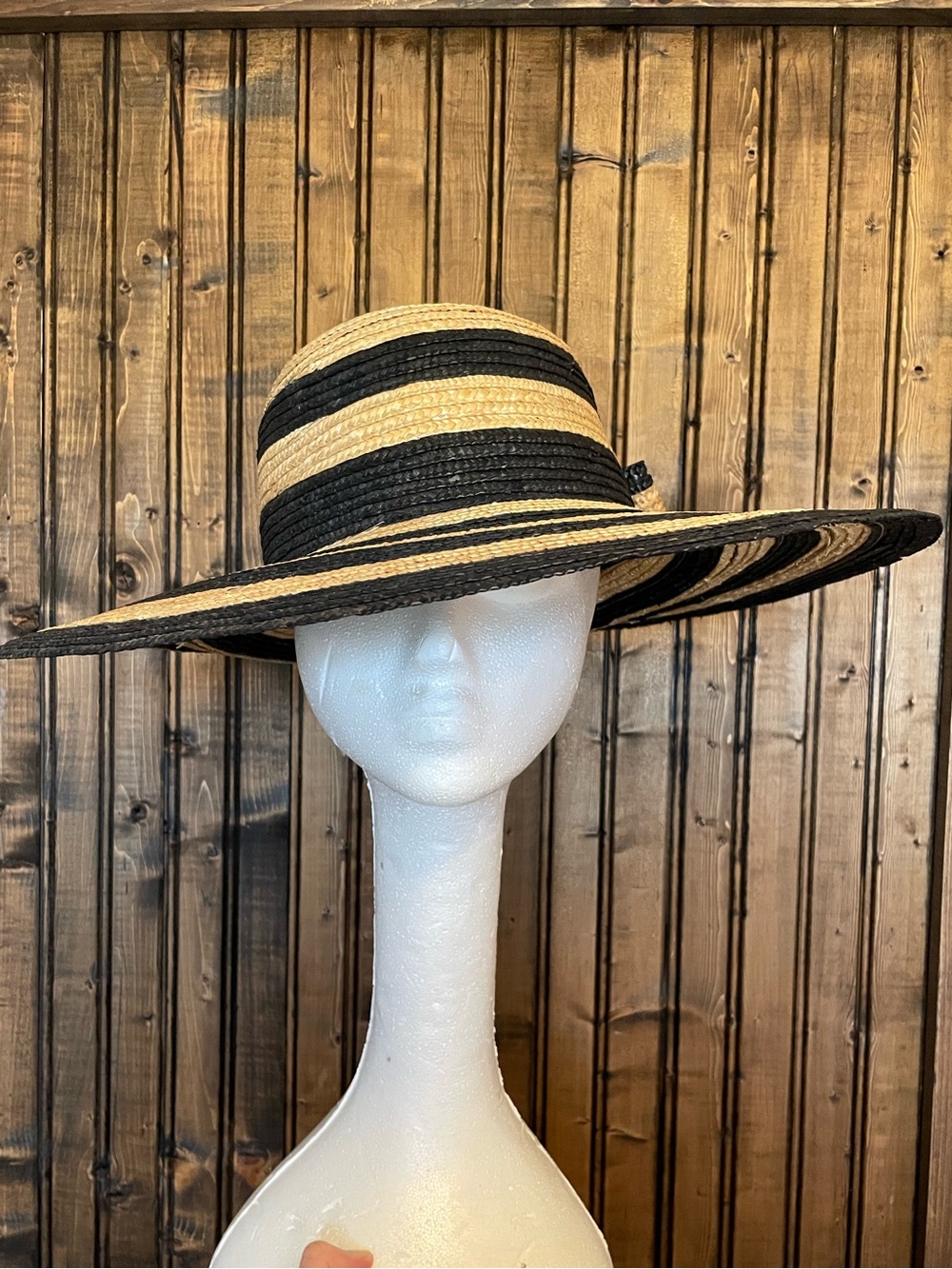 Pier 1 Black and Natural Striped Wide-Brim Straw Hat